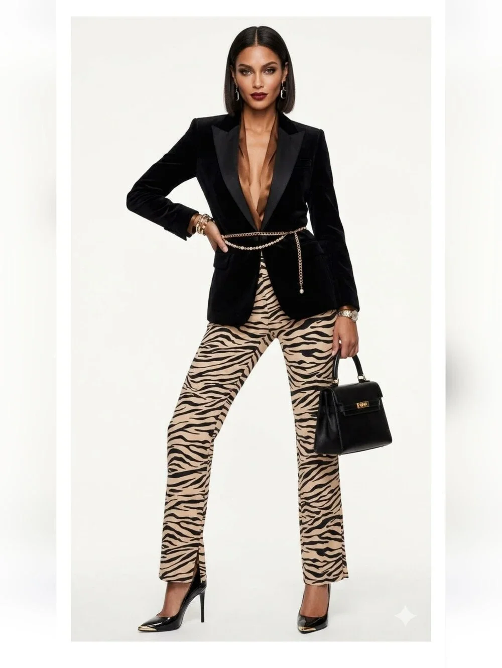 ZARA Women's Zebra Print Split Hem Straight-Leg Pants Viscose Beige Black S - Picture 2 of 13